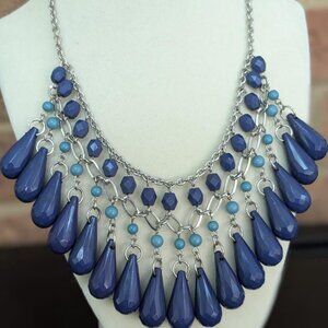 Blue Teardrop Beaded Necklace, Chunky Statement Necklace, Layered Navy Jewllrey
